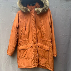 Universal Thread Orange Puffer Jacket with Faux Fur Hood